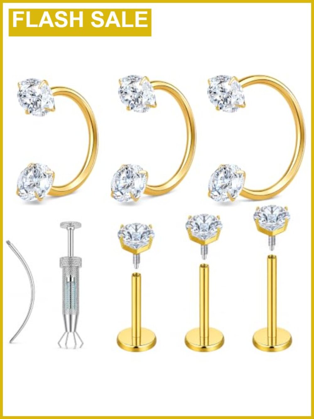 18G CZ Horseshoe Nose Rings Flat Back 14K Gold Filled Piercing Set